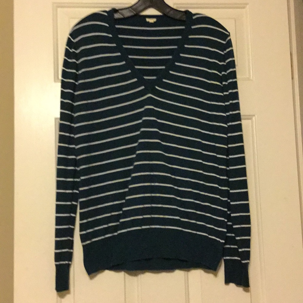 Teal striped J. Crew V-neck sweater